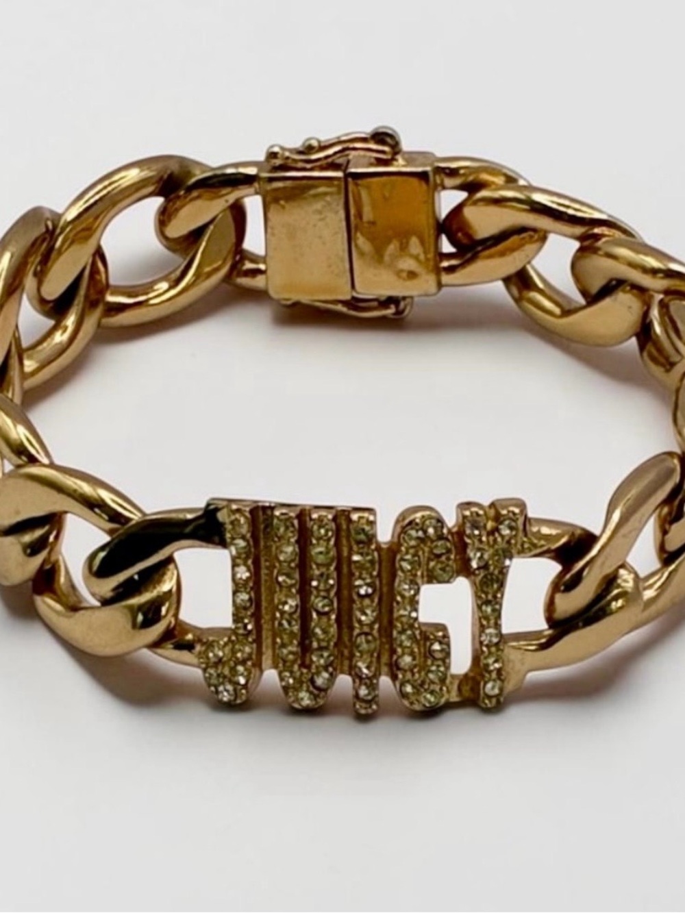 Vintage Juicy Couture Gold Tone Rhinestone “JUICY” Chunky Chain Bracelet